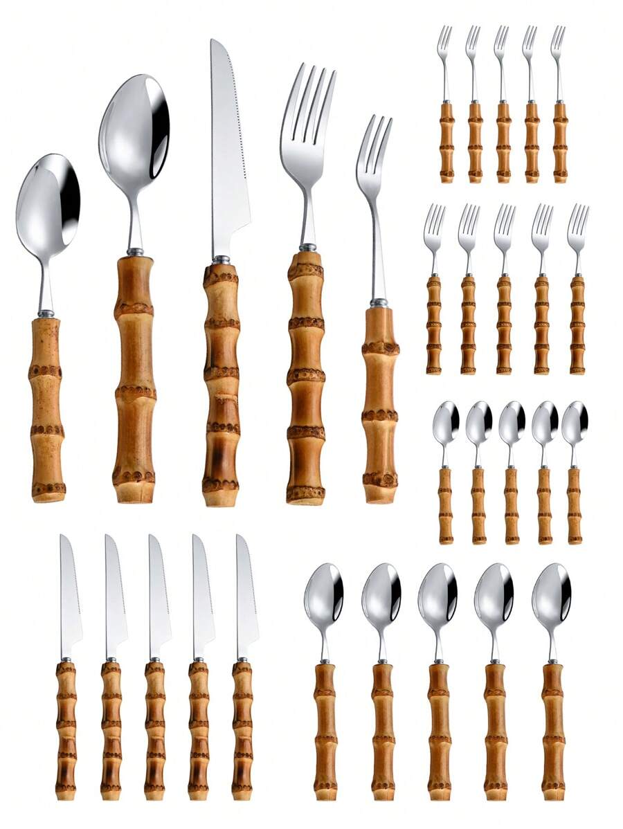 Bamboo Cutlery Set - Juego de cubiertos de acero inoxidable