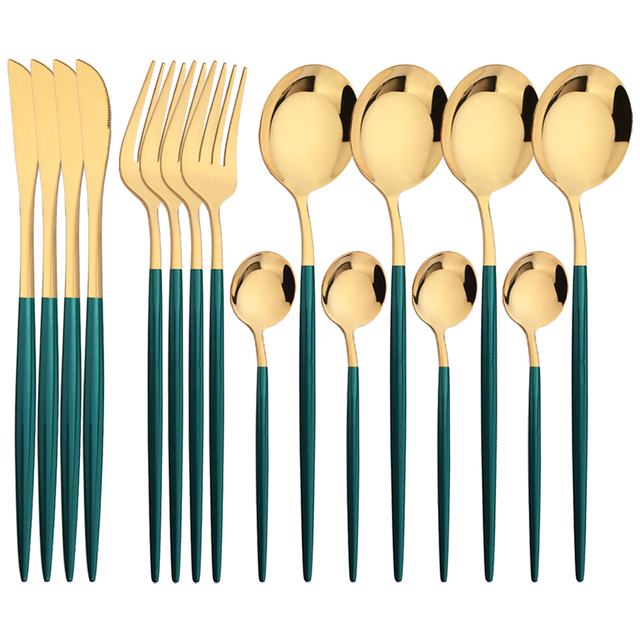 Gold Plated Cutlery - Vajilla de oro verde de 16